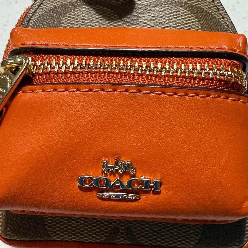 New Coach Mini Court Backpack Bag Charm In Signature Canvas Brown and Orange